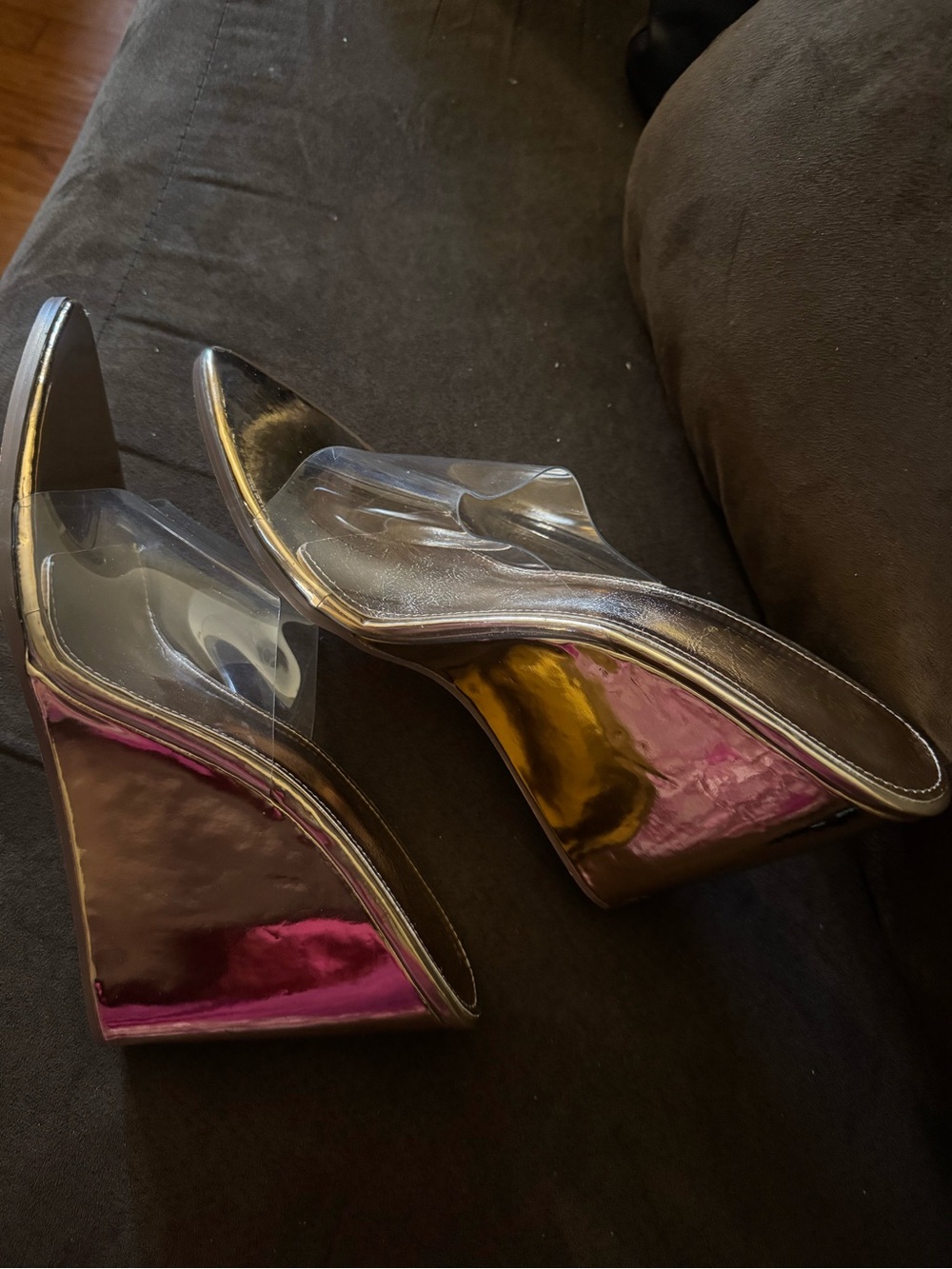 Iridescent Magenta Wedge Mules with Clear Strap - Women Shoes